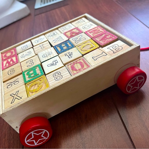 Vintage wooden baby blocks primary colors numbers letters objects pull along bin - Picture 2 of 7